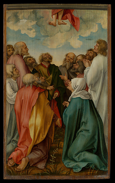 Mary and the apostles look upward as Christ ascends into cloud and glory.