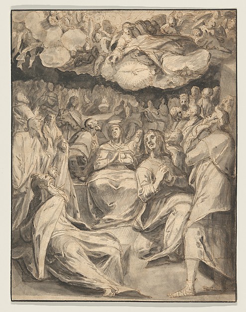The Holy Spirit descends upon Mary and the apostles gathered at Pentecost.
