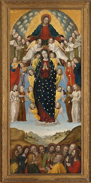 Mary is assumed into heaven amid angels while the apostles look upward.