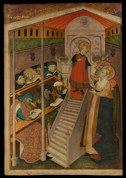 The young Jesus teaches among the doctors as Mary and Joseph find him in the Temple.