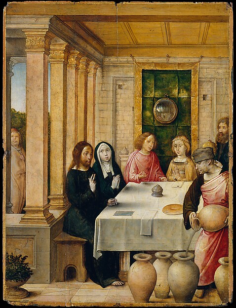 Christ and Mary sit at the wedding feast while servants tend the stone jars.
