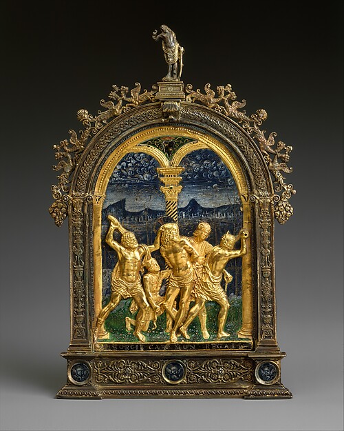 Christ is bound to a pillar and scourged in a Renaissance devotional relief.