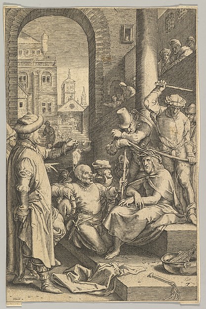 Soldiers press the crown of thorns upon Christ and mock him.