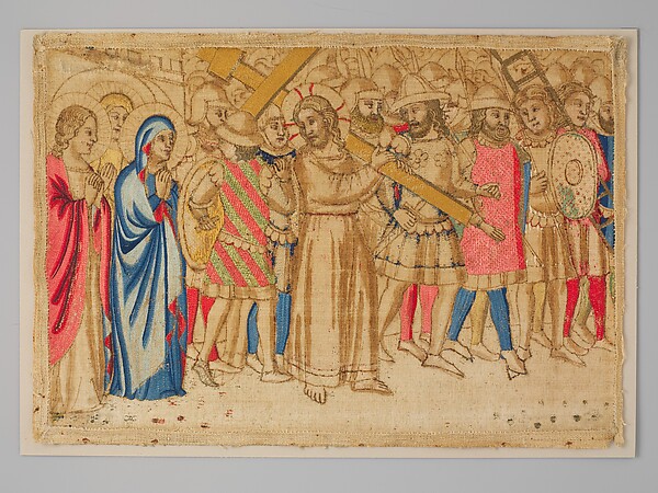 Christ carries the cross through a crowd as Mary watches nearby.