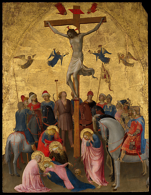 Christ hangs upon the cross as Mary and the disciples grieve below.